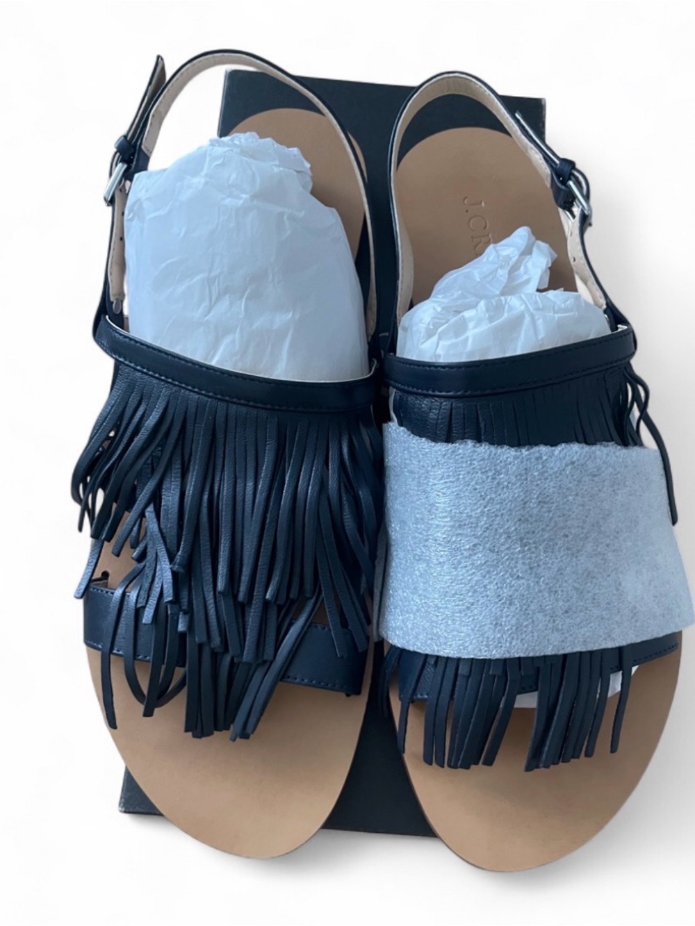 NIB J. Crew Navy Blue Fringe Sandals Womens Size 10